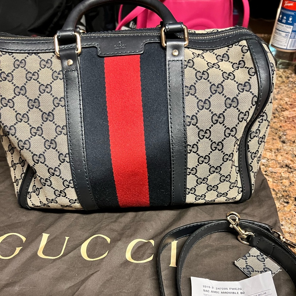 Gucci GG Boston navy blue/tan/red